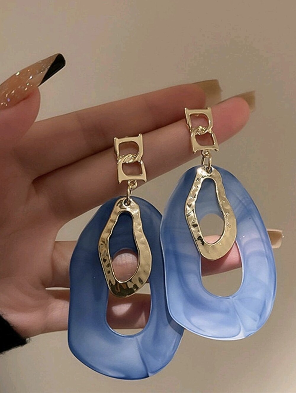 Gold & Blue Resin Drop Earrings - Fashion Women Jewelry